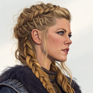 Katheryn Winnick, as Lagertha, depicted in a vibrant digital painting. Detailed hairstyle and facial features. Complex lighting and shadow effects on a plain background.