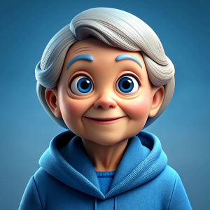 old lady with brown eyes, brown eyebrows, in blue hoodie