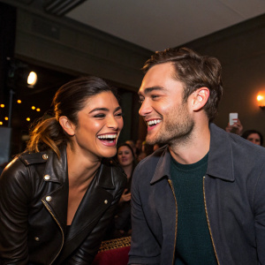 Jessica Szohr and Ed Westwick sharing a laugh during a casual meet-and-greet session.