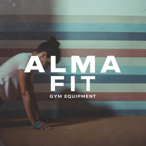 Alma Fit's logo featuring a dynamic central text 'Alma Fit' in bold sans-serif font, accompanied by 'GYM EQUIPMENT' in smaller font beneath. The backdrop is a gradient of horizontal stripes.
