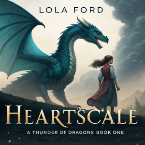 Digital illustration for book cover. Fantasy scene with a large blue-green dragon, a human figure, and a woman in flowing dress. Title: Heartscale - A Thunder of Dragons Book One, Author: Lola Ford