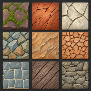 A series of digital textures created through 3D modeling software, showcasing a variety of rock and stone-like appearances. From vibrant, fluid patterns to deep, rugged textures, each occupying a square grid space. Inspired by natural geological formations, ideal for game and digital art projects.