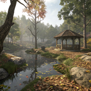 3D Illustration: Far Cry 4 environment. Tranquil forest scene with a serene pond surrounded by fallen leaves. A rustic gazebo stands nearby.