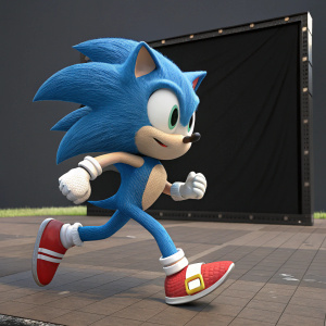 3D model of Sonic the Hedgehog in action pose within Blender software interface. Simple black backdrop