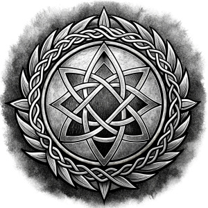 Celtic Paganism and Druidry symbols tattoo design - perfect realistic art - high-definition - grey and black - white background 