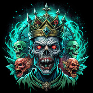 Satanic symbols, angry zombie face, crown, crow, strange, creepy, scary, thriller, fear, highly detailed, tshirt design, black background