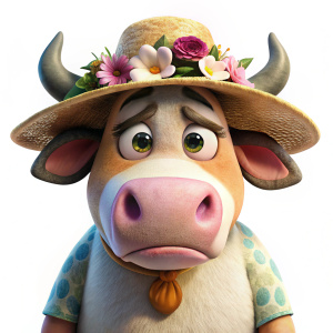 moody grumpy  confuse cartoon cow clipart illustration wearing a floral hat on white background