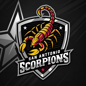 A logo featuring a stylized scorpion mascot in vibrant colors. The scorpion is set against a black backdrop with silver accents, representing the San Antonio Scorpions soccer team.
