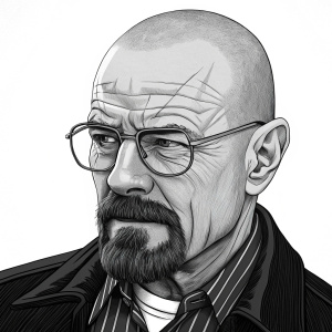A black and white caricature of Walter White from 'Breaking Bad'. The illustration emphasizes his glasses, facial hair, and wrinkles. The background is entirely white.