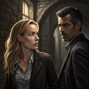 Piper Perabo and Oded Fehr in an intense scene from Covert Affairs. Dark, moody indoor setting with stone walls. Soft, diffused lighting casting shadows