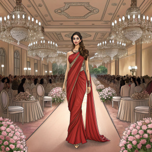 Disha Patani at a fashion gala, showcasing Calvin Klein's new line. She is adorned in a vibrant red sari, standing amidst a sea of designer dresses and gowns. The venue is a luxurious ballroom with chandeliers and floral arrangements.
