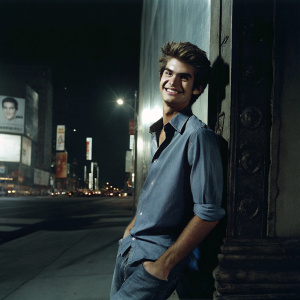 Andrew Garfield, wearing a casual blue shirt and jeans, smiling at the camera. The backdrop is a busy city street with billboards.