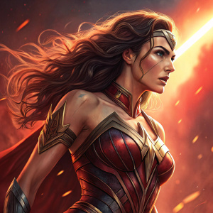 Gal Gadot as Wonder Woman, intense expression. Long brown hair, dynamic pose. Red-orange background, bright light casting glow. Focus on heroism.