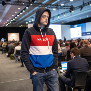Elliot Alderson, from Mr Robot, dressed in a casual hoodie with 'Mr Bob I' written in vibrant red, blue, and white colors on the front. Cybersecurity conference, crowded indoor setting.