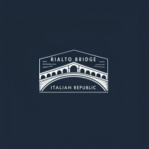 A sleek, minimalist logo design featuring the Rialto Bridge. Set against a dark background, the logo is white and includes the text 'Italian Republic'. The design is flat and modern, with a bold font and triangular pediment.