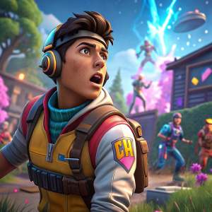 Youthful Latino character from Fortnite. Wearing SC skin. Stunned expression in the midst of the game's vibrant, futuristic world. Surrounded by other in-game characters and elements.