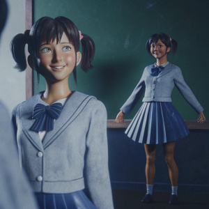 A detailed character design of Usagi Tsukino. Anime style, cute, wearing a school uniform with short hair in two pigtails. Various poses showcasing her expression and hairstyle