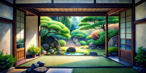 Japanese backyard garden with rocks and trees seen through a sliding door of a Japanese house.