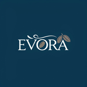 Evora logo design, sleek sans-serif font, dark blue background, minimalist chocolate company branding
