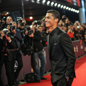 Cristiano Ronaldo at the UEFA Champions League award ceremony. Wearing a sleek black suit, smiling broadly. Surrounded by a crowd of photographers and fans.