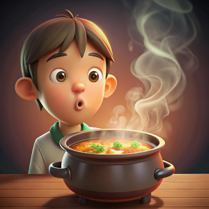 Dibujo animado viendo una olla muy caliente que le sale humo