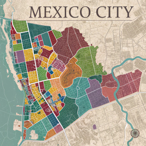 Detailed map showcasing Mexico City's layout. Colorful districts and regions marked. Art of cartography on full display.