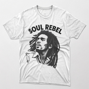 Close-up graphic design of Bob Marley, featuring the text 'SOUL REBEL'. Stylish casual t-shirt in monochrome style, black and white.