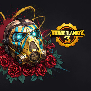Digital illustration for Borderlands 3. Museum of Mayhem's promotional artwork. Vibrant metallic mask with futuristic design, set against a stark black background. Intricate designs and colors, game title and logo displayed to the right