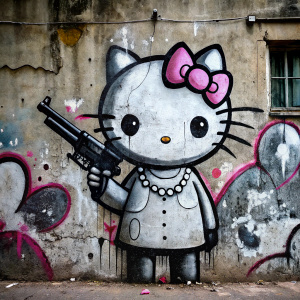 Street art graffiti, horrifying hello kitty with a gun
