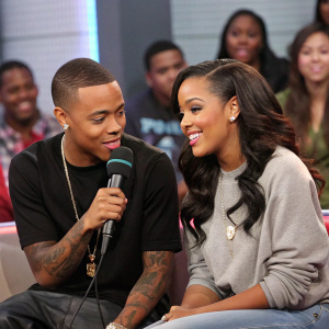 Bow Wow and Angela Simmons, in casual outfits, during an interview segment. Studio audience in the background.