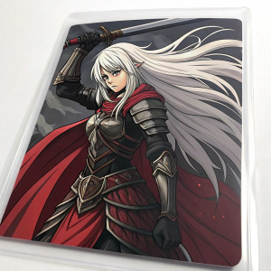 Anime-style illustration of a female warrior. Long white hair, detailed armor, fierce expression. Dark, moody color scheme with bold red accents. Dynamic pose with body angled and flowing hair. Protected by clear plastic cover.