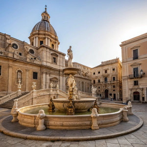 A serene photo of the Praetorian Fountain in Palermo, Sicily. Mythical figures and animals sculpted in grandeur. Surrounding Santa Caterina's dome. Statues in classic style. Ornate architecture with warm beige facade. Clear blue sky above.