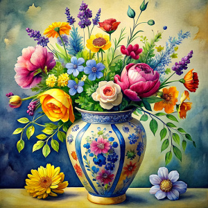a WATERCOLOR IMAGE ,Yellow Porcelain Luxury Chinese Vintage Vase hand paint ,THERE ARE IN THE VASE : watercolor orange wild FLOWERS ,GREEN WEEDS ,burgundy PEONIE ,NAVY BLUE Bougainvillea, PURPLE dandelion ,orange geranium,dark pink  Narcissus, ochre crocusES ,navy blue daffodil ,cream roses ,amaranth Damarion s, red tulips , freesia ,sienna orange lavender Common Crape Myrtle ,Watsonia ,tritoma.carmine Chandramallika, burgundy VIOLETS ,SEPHIA SISYMBRIUM,CREAM CHAMOMILE , teracotta bluebell