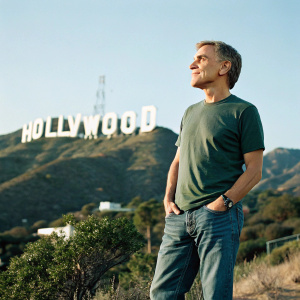 Christoph Waltz, standing outdoors in front of the Hollywood sign. Wearing a casual green t-shirt and jeans.