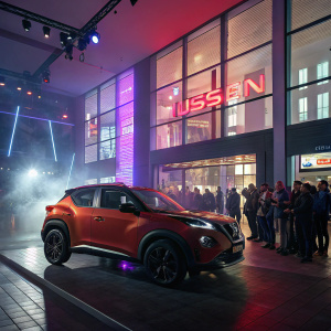 Stoneacre Motor Group unveils new Nissan Juke SUV. Modern dealership with large windows and neon signs in the background.