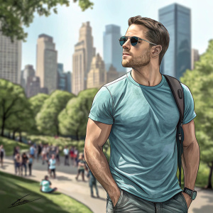 Stephen Amell, a muscular actor, in a bustling city park. Casual wear: light blue t-shirt, sunglasses. Urban landscape blurred in background