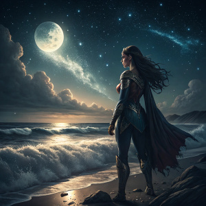 Gal Gadot as Wonder Woman, standing on a moonlit beach. Dramatic silhouette against night sky, with stars and waves in background.