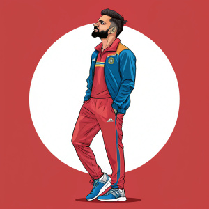 Cartoon illustration of Virat Kohli. Vibrant colors, bold outlines. Sporty attire. Digital medium. Red background with white circular frame.