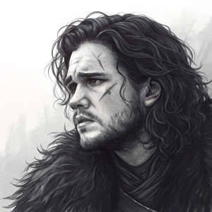 Sketch of Jon Snow from Game of Thrones. He has long wavy hair, scars on half his face. Dark and intense mood