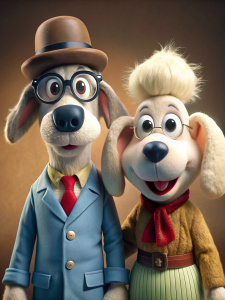 Cute crazy Wallace and Gromit en retro costume et lunettes, style Beatrix Potter