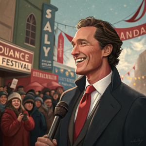 Matthew McConaughey at the Sundance Film Festival. Wearing a dark suit, red tie. Smiling confidently in front of a crowd.