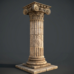 Highly detailed digital rendering of an ancient Greek pillar. Dark gray background, focus on intricate carvings and weathered texture.