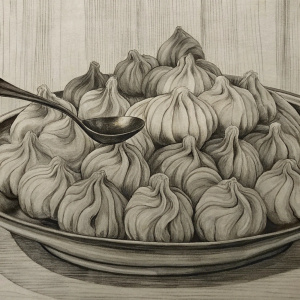 dumplings in a plate in a heap. The big spoon bends down and stretches its legs