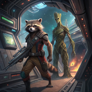 Digital art depicting Rocket Raccoon and Groot in a high-tech space station. Vibrant colors and detailed background