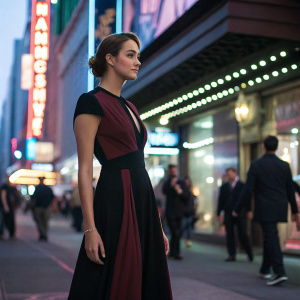 Shailene Woodley in an elegant black and burgundy dress. Standing in front of a bustling city street with bright neon lights and passerby. High-resolution image