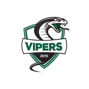 Logo design for the local soccer club, Vipers FC, featuring a sleek, modern snake mascot with 'Vipers' and '2015' in bold letters. Simple color palette