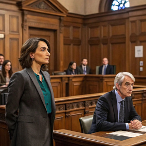 Annie Parisse and Sam Waterston in 'Law & Order'. Realistic depiction of a courtroom scene with wooden panelling and benches. Diverse cast in professional attire. Solemn atmosphere