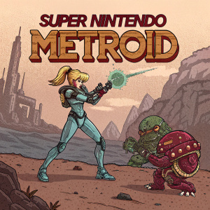 Vintage Super Nintendo Metroid game box art. Illustration depicts Samus Aran and alien creatures. Game description in Japanese. Early 90s pixel art style.