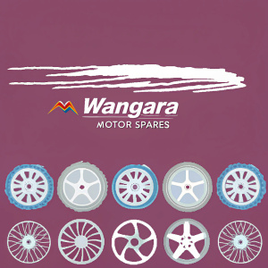 Modern website showcasing Wangara Motor Spares. Vibrant yellow background. Sleek logo of a racing car wheel. Features automotive parts, tires, alloy wheels, and wheel balancing services. Professional design, highlighting tire-related products.