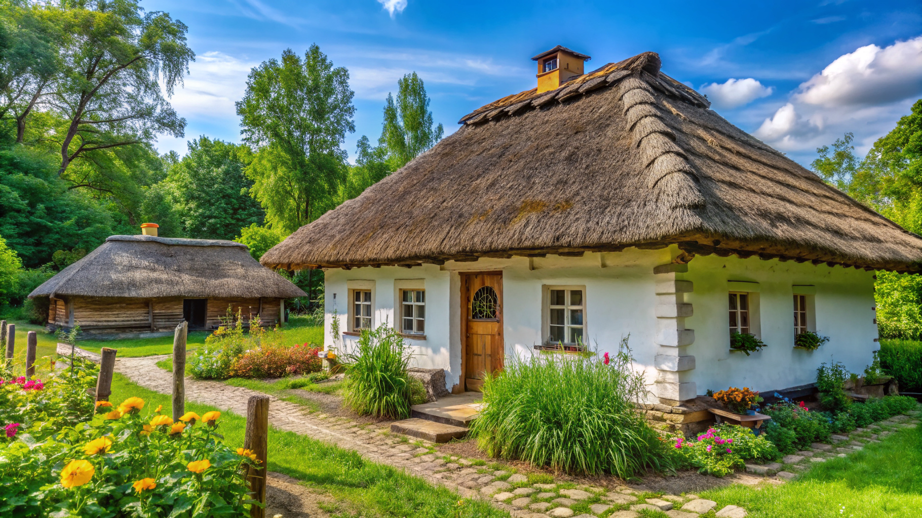 close-up, nineteenth century, peasant yard with white Ukrainian hut